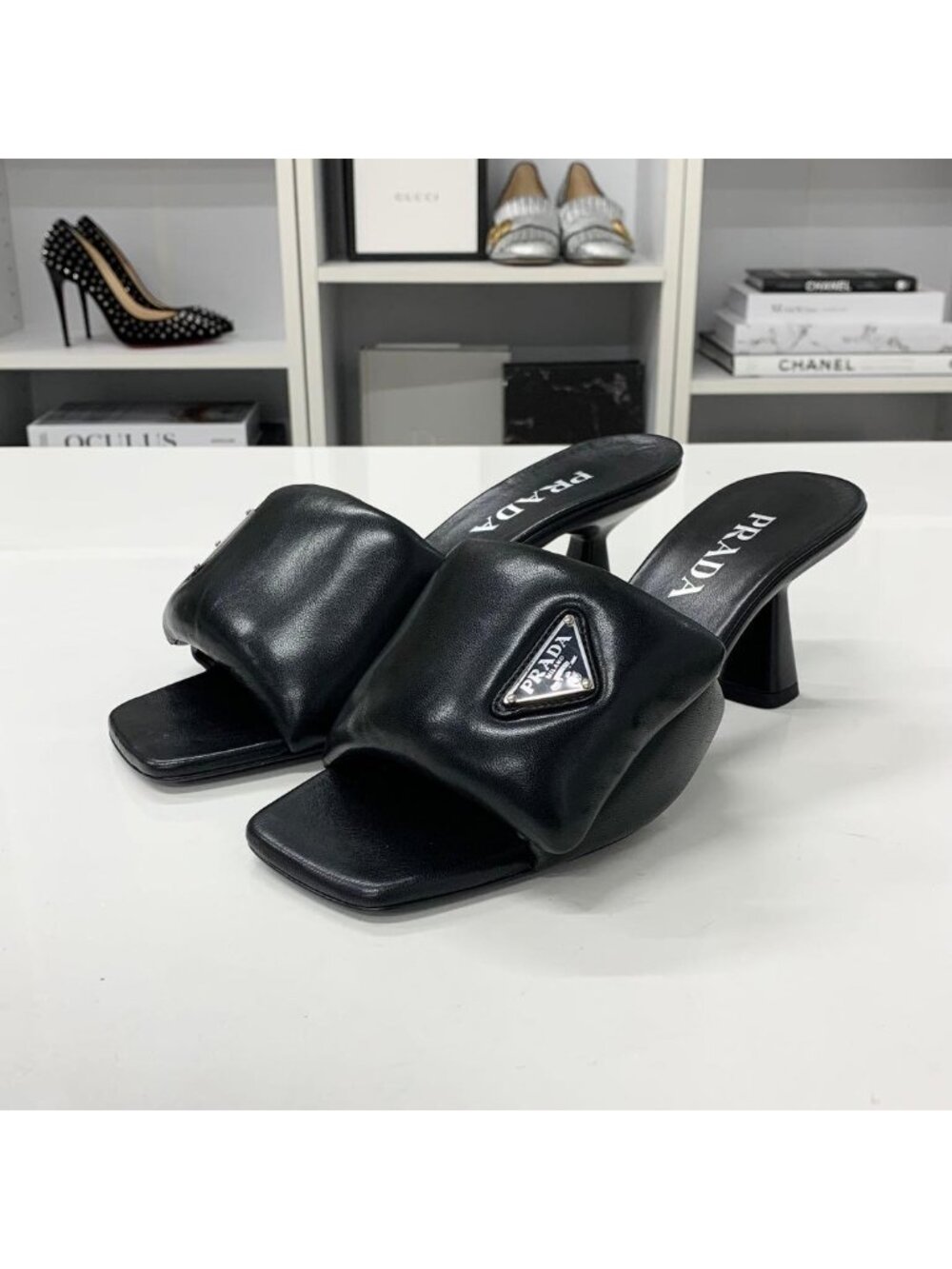 Prada Triangle Logo Padded Nappa Leather Sandals Black - Picture 3 of 10